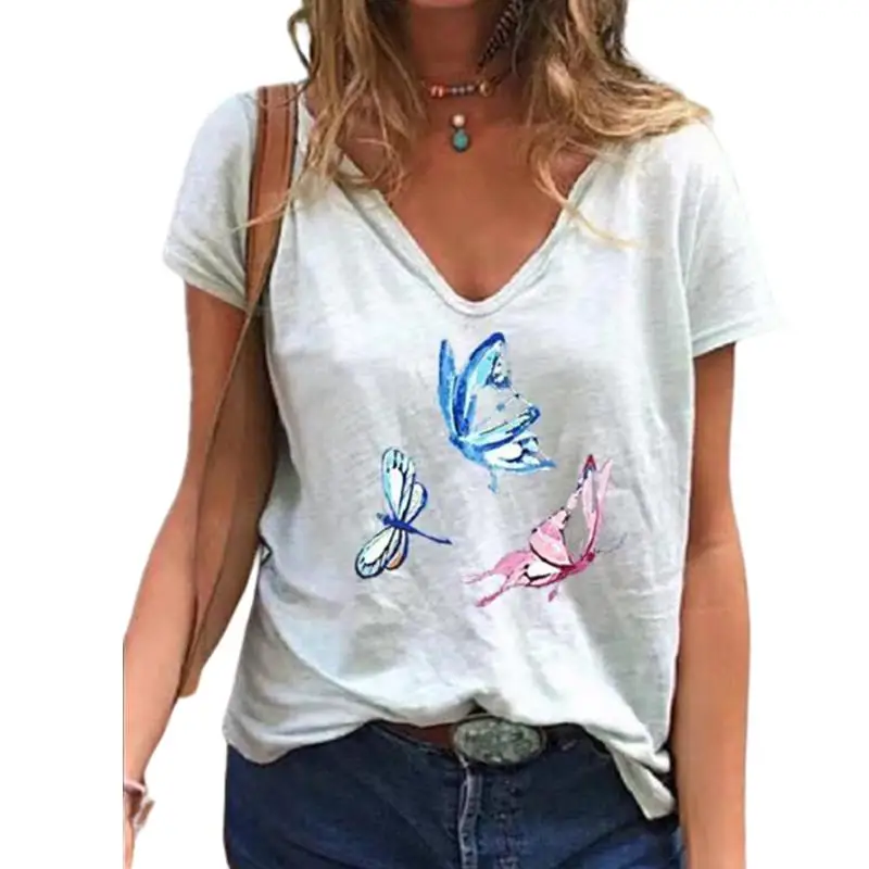 

Fashion Ladies Butterfly Print 3D T Shirt Loose Plus Size Casual Tops Summer Oversized Ladies Short Sleeve V-Neck Tee