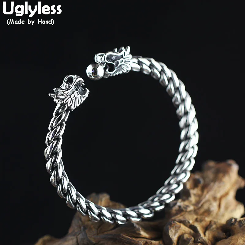 Uglyless Real 990 Pure Silver Square Twisted Chains Bangles for Men 2 Dragons Playing Ball Open Bangle Thai Silver Jewelry BA697