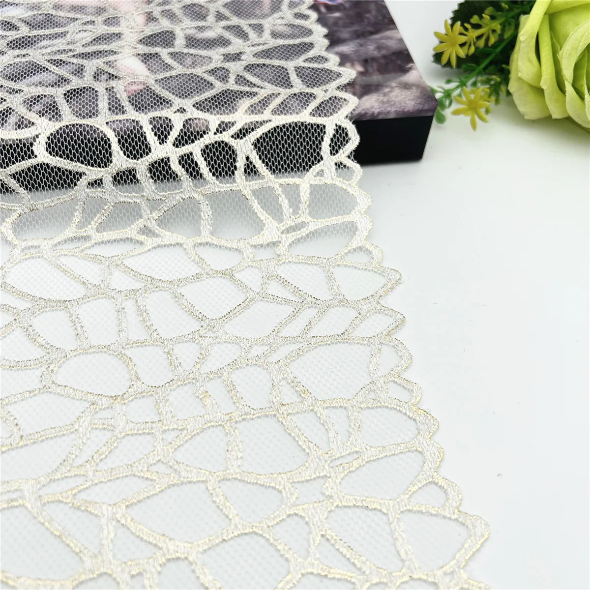 3 Ярд/партия Ширина 17 см белая кружевная отделка с мерцающей вышивкой из фольги