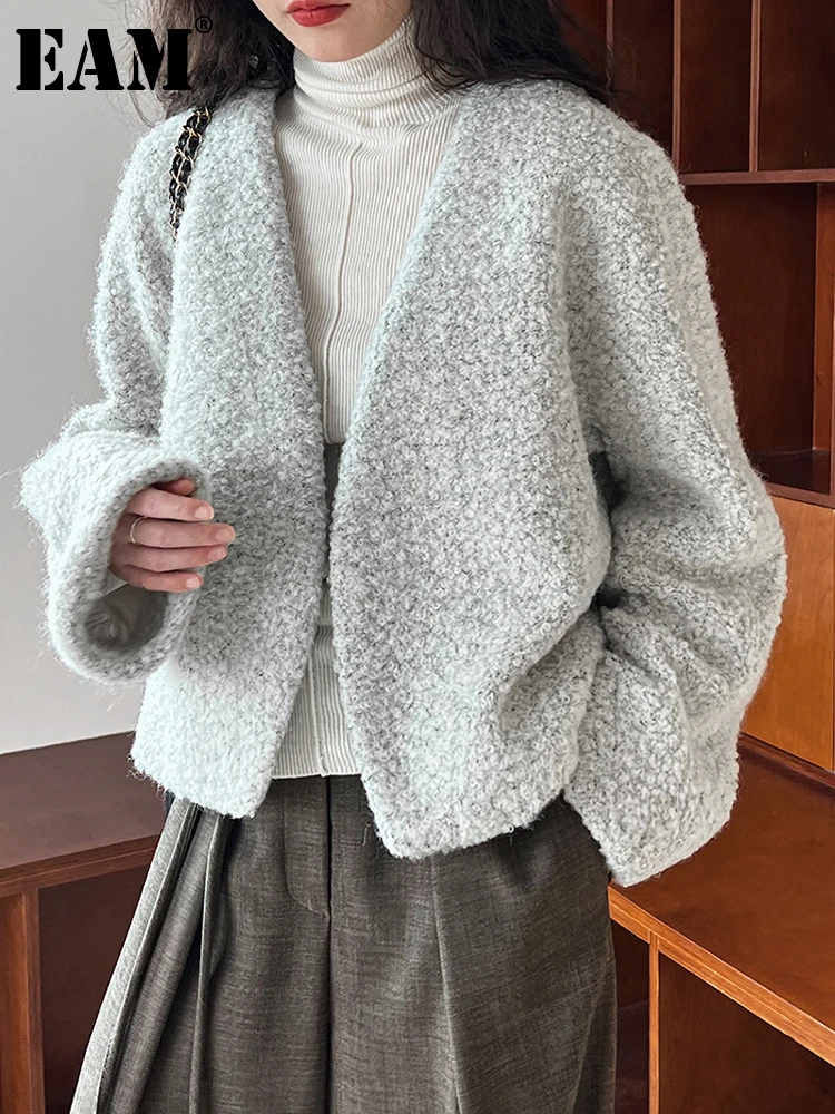 

[EAM] свободное серое Короткое шерстяное пальто большого размера, Новая женская куртка с v-образным вырезом и длинным рукавом, модная осенне-зимняя 2023 1DH2500