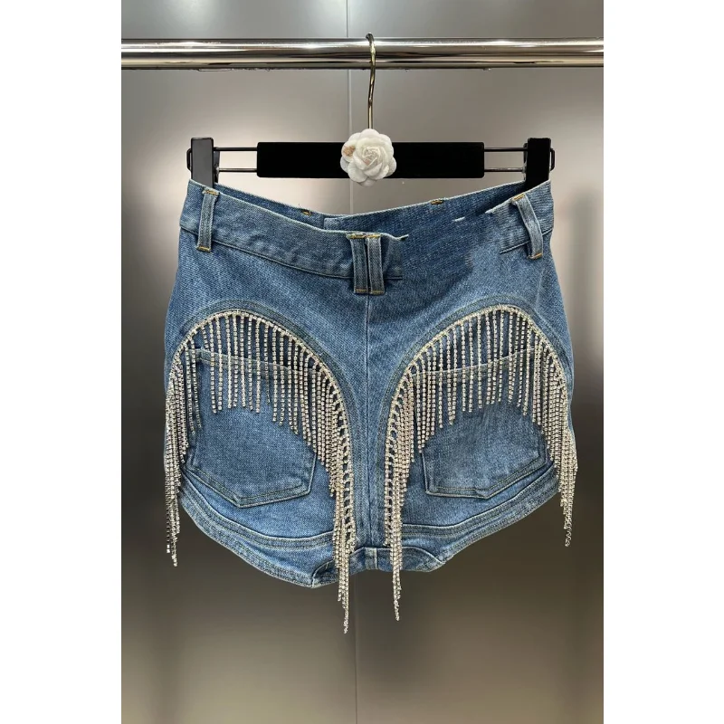 Summer Shorts Women's Heavy Diomand Tassel Pocket Slimming Patchwork Denim Shorts European Style Street Shorts Jeans High Street