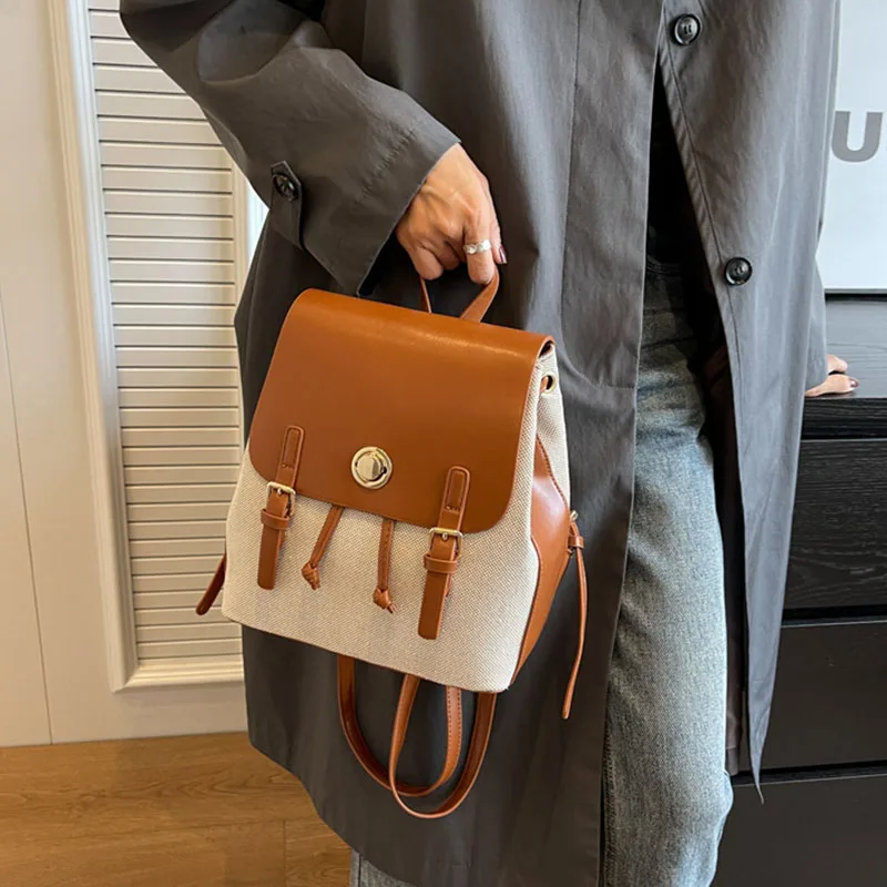 Simple Retro Casual Shoulder Bag Contrast Color Patchwork Backpacks Women Fashion Commuting Backpack Versatile Handbag Satchel