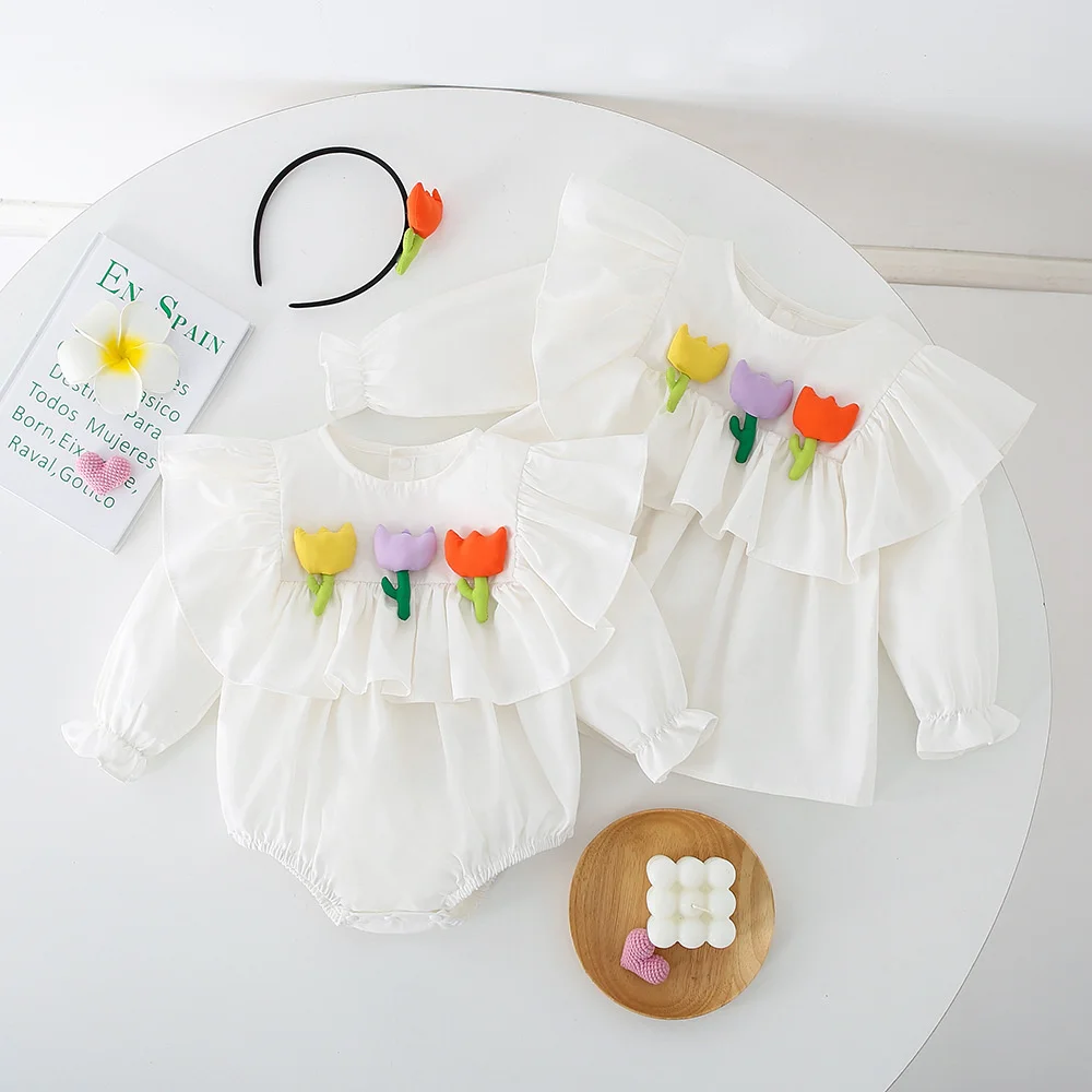 

2023 Autumn Baby Girls Sister Clothes Long Sleeves 3D Flowers Tulipas Romper+Hair Band Ruffles Infant Sweet Gril Dresses Clothes