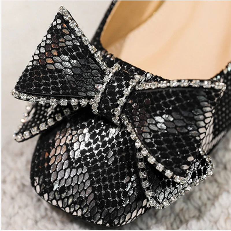 Women Pumps 3cm Med Heel Square Toe Imitation Snake Skin Print Bling Bow Knot Soft Soles Slip on Office Lady Dress Shoes 588-1