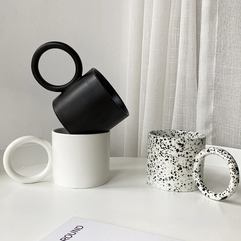 

Tazas de con mango de redondo grande, tazas personalizadas de color blanco y negro, con tinta para salpicaduras, para leche