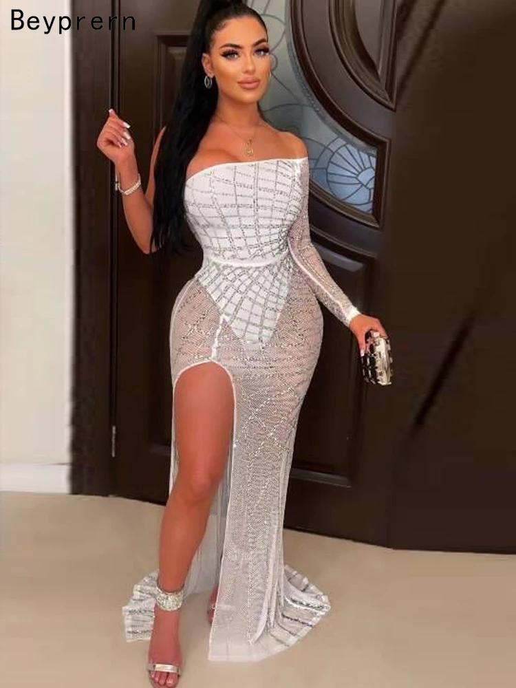

Beyprern Beautiful High Slit Crystal Long Maxi Dress Gown Elegant Single Shoulder Sheer Mesh Sequin Party Dress Birthday Outifts