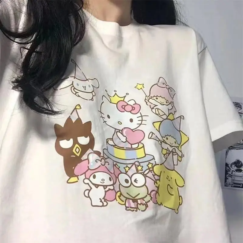 

Sanrio Мультяшные летние с коротким рукавом для мужчин и женщин в японском стиле простые удобные дышащие универсальные дизайнерские топы для пар
