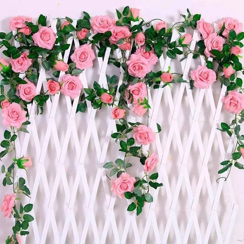 

2.4m Silk Artificial Roses Flowers Rattan String Vine with Green Leaves For Home Wedding Garden Decoration Hanging Garland Wall
