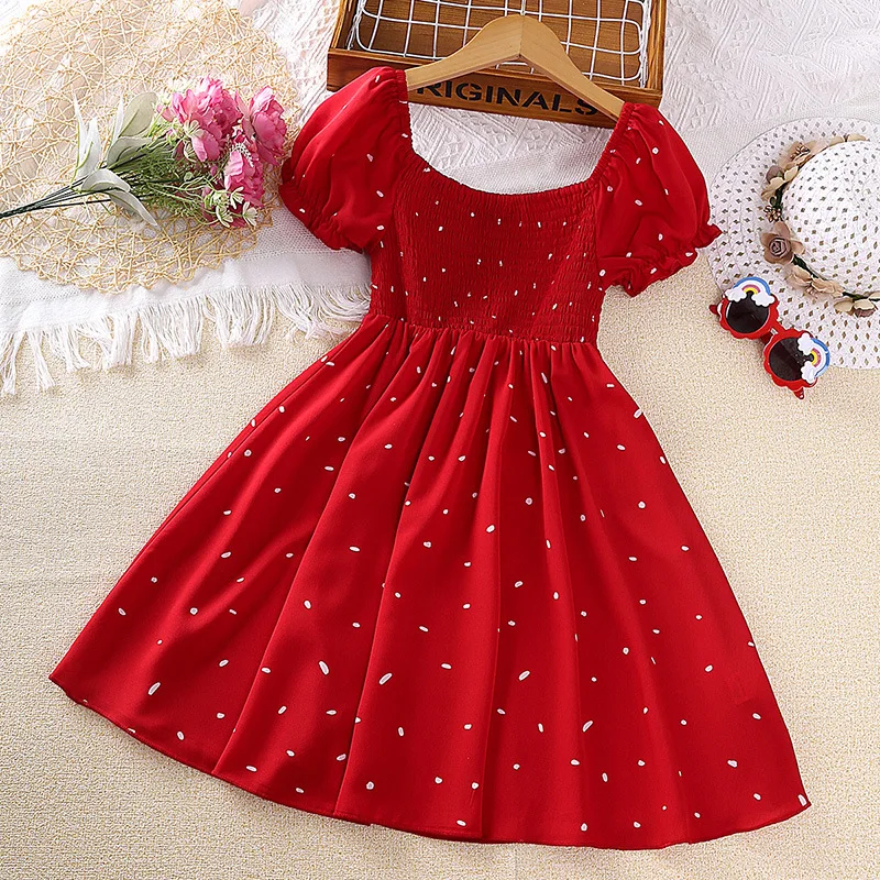 

2023 Summer New Arrival Girls Short Sleeve Ruched Dot Red Roupa Infantil Menina Cute Party Dress Custume 12M-7T