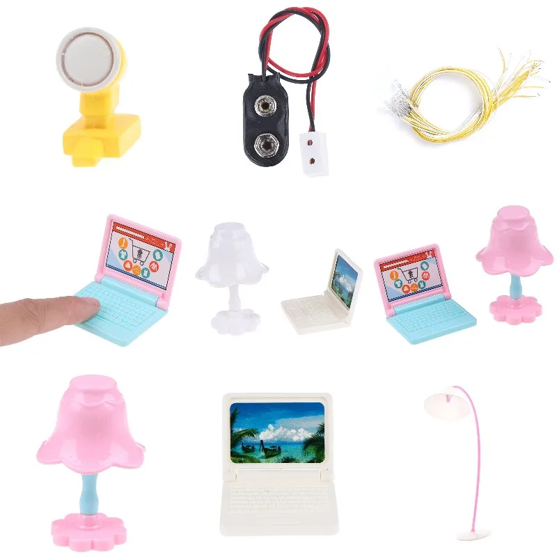 

1:12 Dollhouse Miniature Table Lamp Laptop Computer Model LED Light Line Power Supply Line DIY Doll House Decor Accessories
