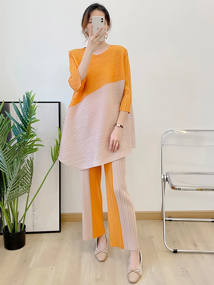 Delocah High Quality Summer Women Fashion Designer Pants Set Half Sleeve Colorblock Loose Tops + Elastic Waist Pleated Pant Suit