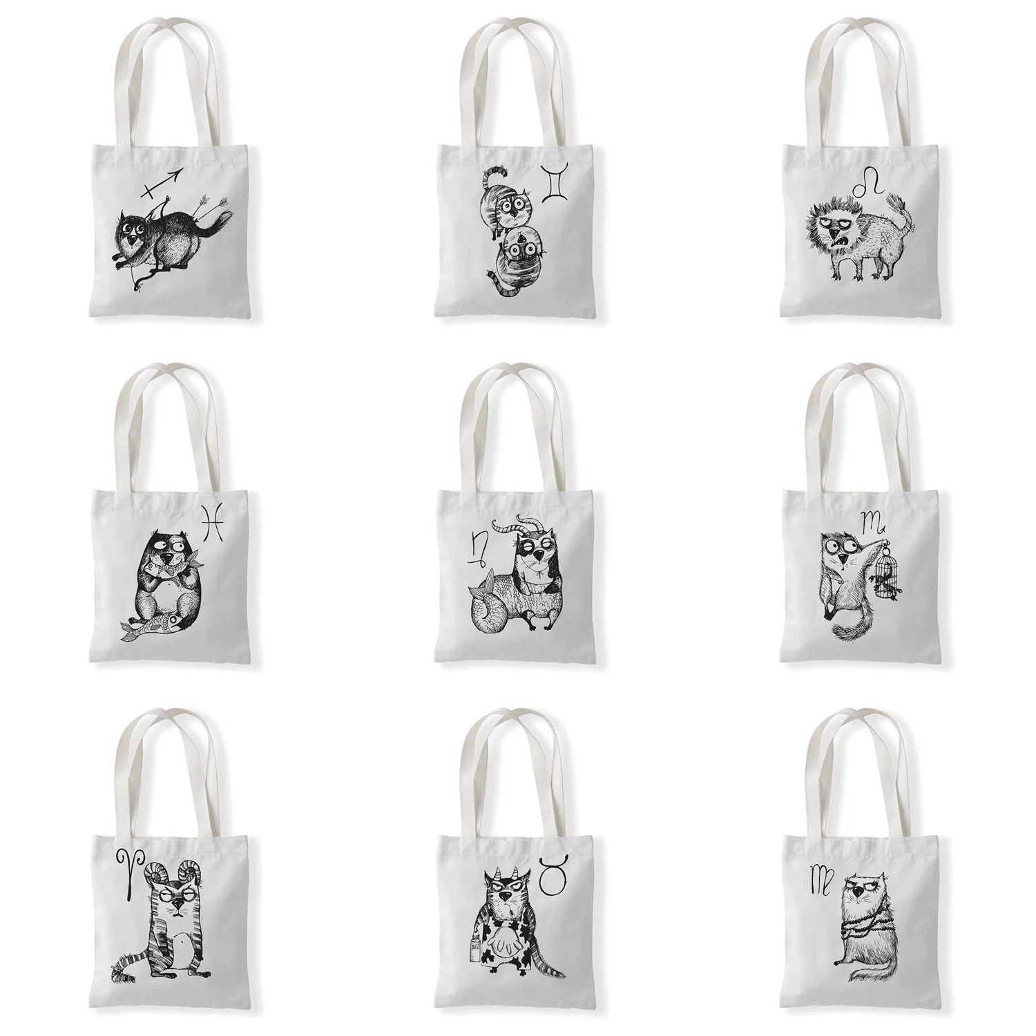 

Women Bag Cats Canvas Bag Black White Cat Women Shoulder Bag Large Capacity Vintage Cartoon Shopper Bags