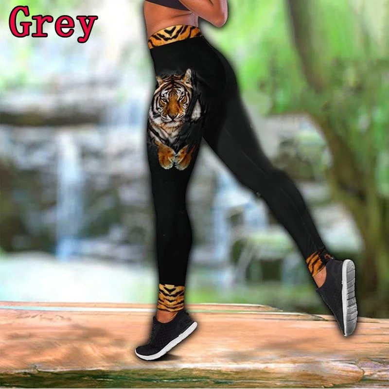 2022 Summer Women Tiger 3D Printed Hollow Tank Top and Leggings Fitness Sports Yoga Pants Yoga Suits
