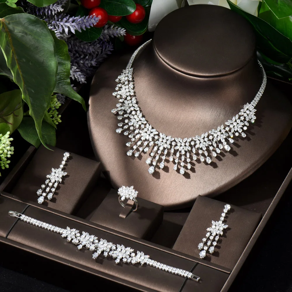 HIBRIDE Beautiful Big Silver Color Nigerian Wedding Cubic Zircon Necklace Dubai 4PCS Dress Jewelry Sets For Party Gifts N-212