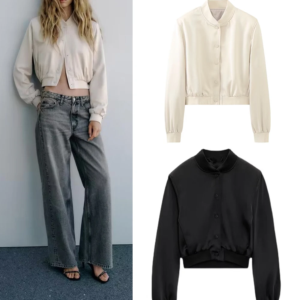 

Осенняя Новая женская универсальная короткая куртка-бомбер с воротником-стойкой и длинными рукавами с шелковой атласной текстурой