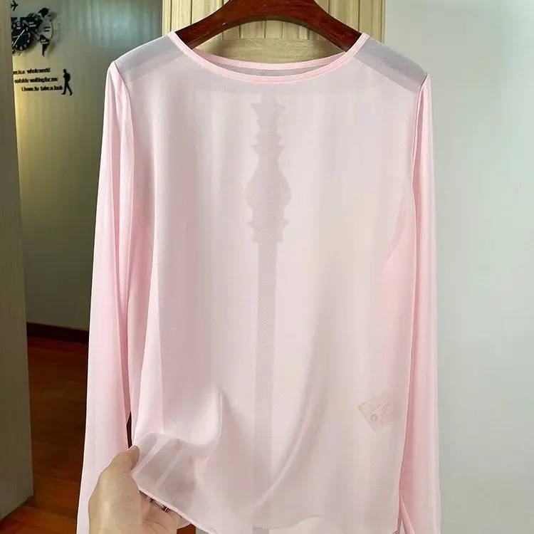 Китайская однотонная шифоновая футболка с круглым вырезом и длинными рукавами