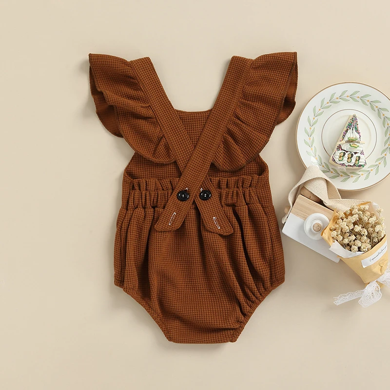 

0-24 Months Baby Summer Romper Fly Sleeve Plain Ribbed Crew Neck Triangle Bottom 1-piece Infant/toddler Snap Jumpsuit