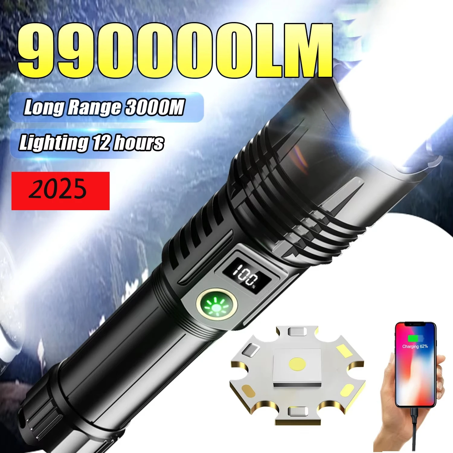 Фото 990000 LM Самый мощный фонарик Type-c Recharge 3000M Прожектор Тактический фонарик 5000 мАч Мощные светодиодные фонарики №1