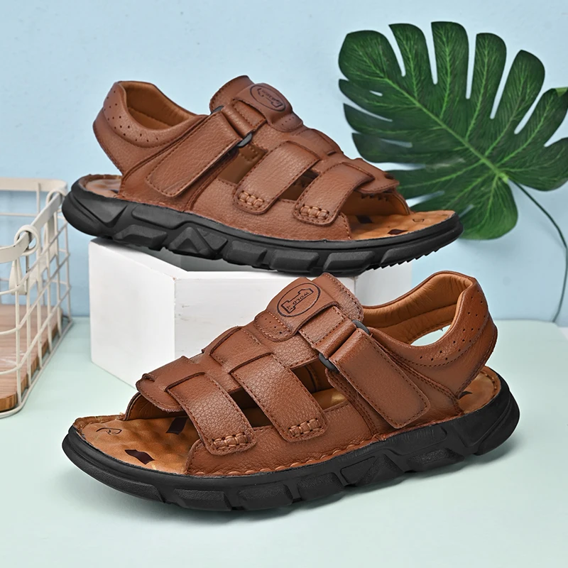 

High Quality Leather Sandals Summer New Men's Casual Shoes Solid Color Outdoor Beach Sandals Fashion Comfortable Plus Size Shoes