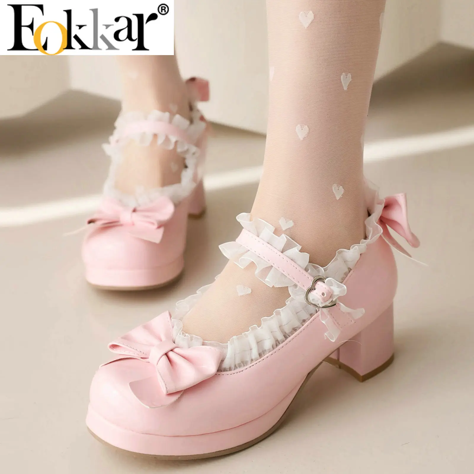 Eokkar Lolita Shoes Mary Janes Patent Leather Block Heel Pumps with Bow Kawaii Shoes for Women Platform Cute Pumps Cosplay Shoes