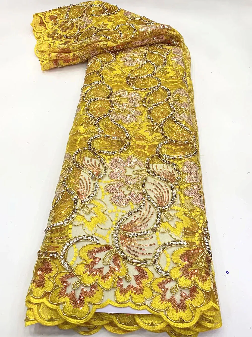 

Luxury Sequence African Lace Fabric 5 Yards Yellow High Quality Nigerian Wedding Sequins Embroidery French Tulle Lace Fabric