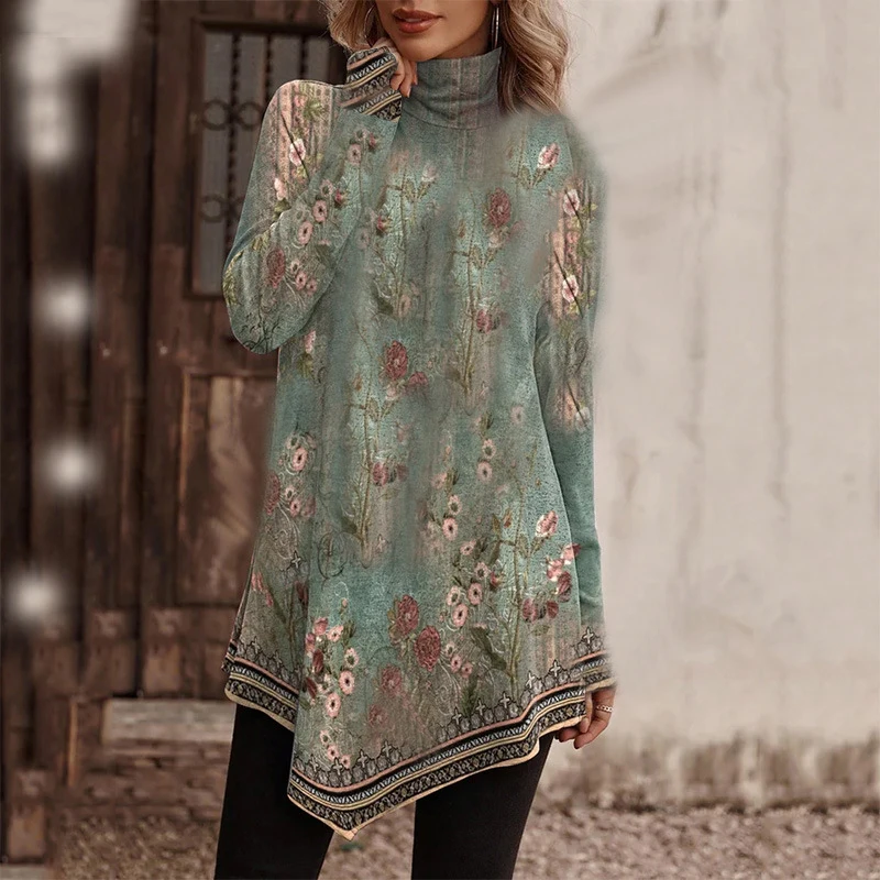 

Женская водолазка с длинным рукавом, Асимметричная Повседневная Облегающая рубашка с цветочным принтом, для офиса, Осень-зима 2023