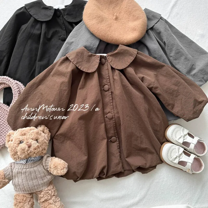 

2023 Korean Version Girls' Trench Coat with Flip Collar, Baby Button Princess Long Sleeve Top Girls Clothes 2 To 8 Years