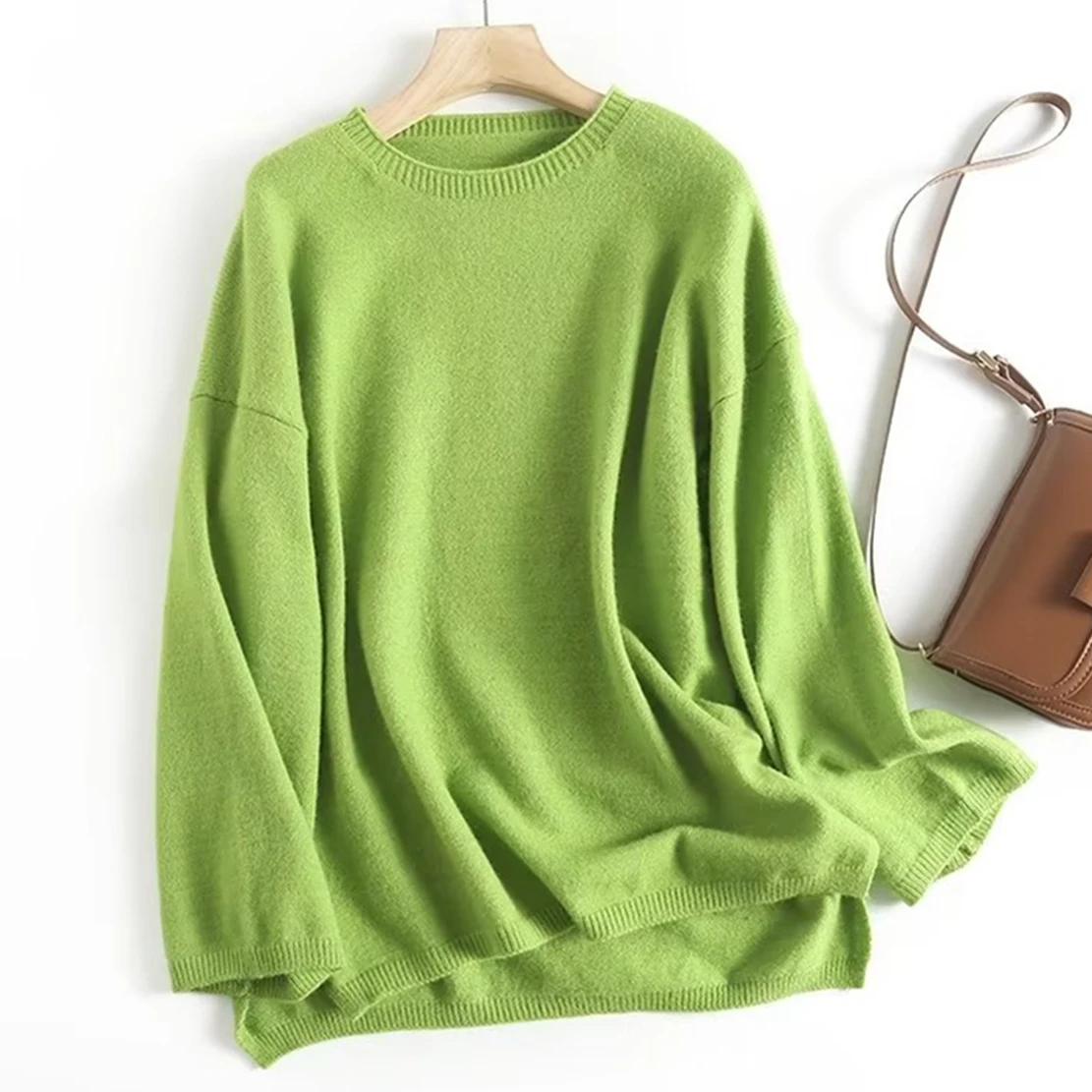 

Elmsk Fashion Green Solid O-neck Pullovers Tops WInter Sweaters Women