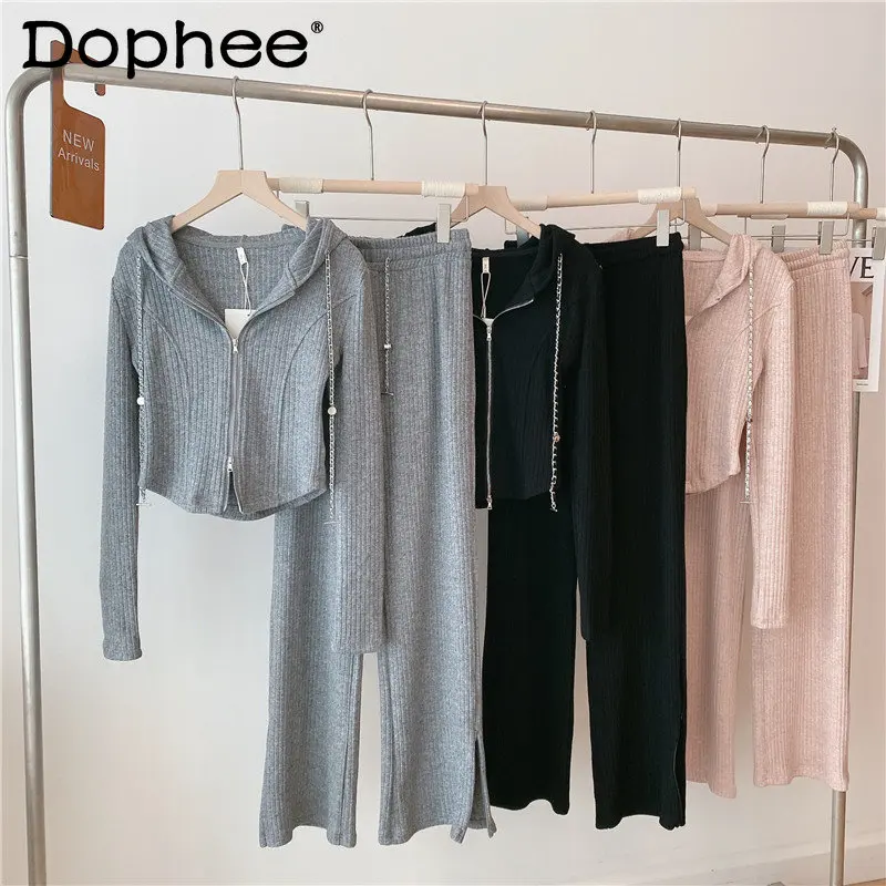 

2022 Autumn New Korean Casual Slim Fit Tracksuit Women's Solid Simple Zipper Cardigan Short Hoodie Top Sweatpants Two-Piece Suit