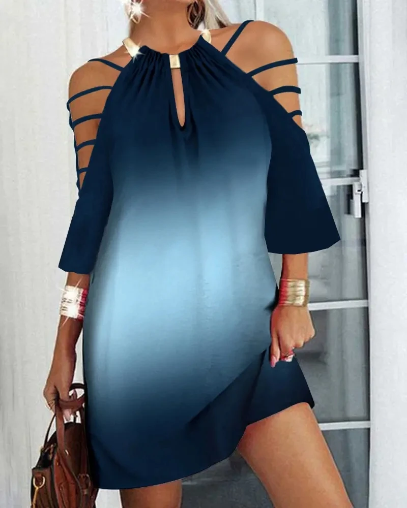 

Ombre Metal Decor Cold Shoulder Casual Dress