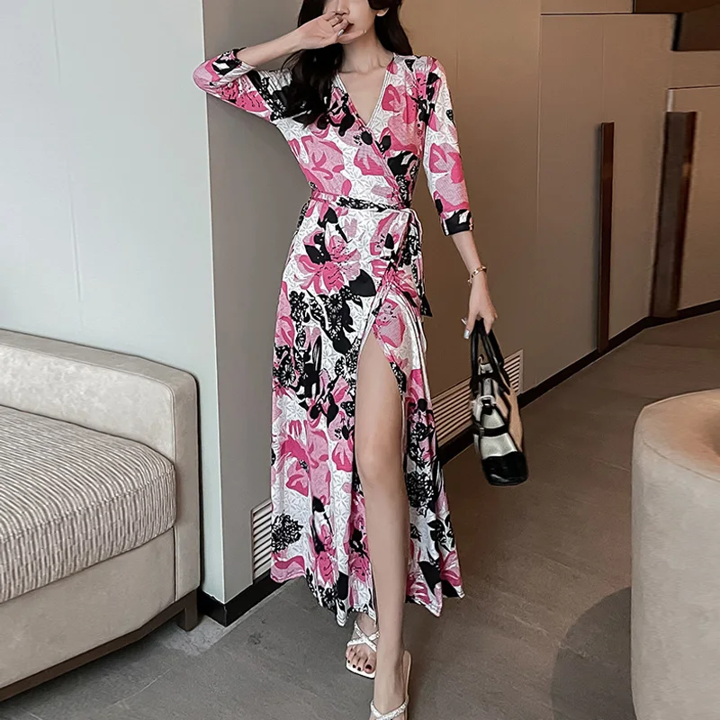 

платье женское One Piece Wrap Dresses For Women Elegant Print V Neck Maxi Dress Half Sleeve Slim zomer jurken dames 2023 Robe