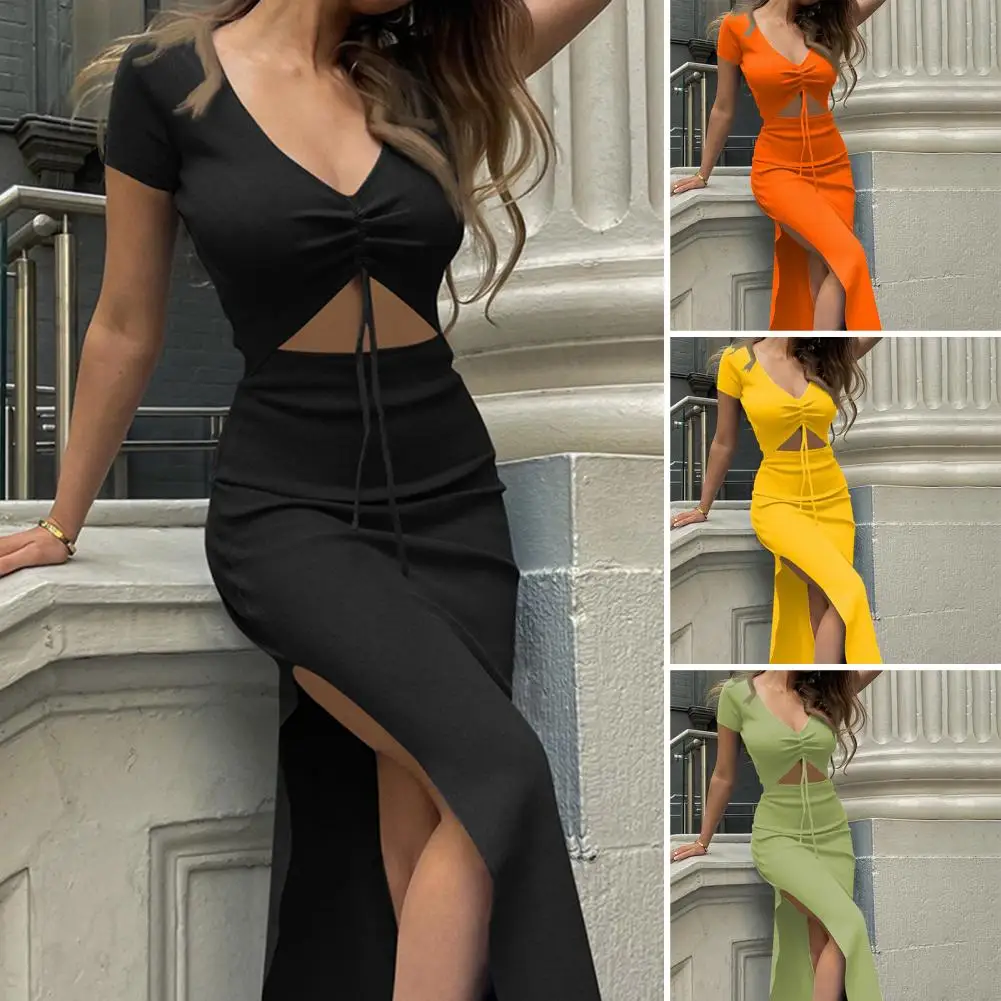 

Women Club Dress Hollow Out Deep V-neck Solid Color Drawstring Short Sleeves Dress-up Elastic High Split Maxi Dress Lady Clothes