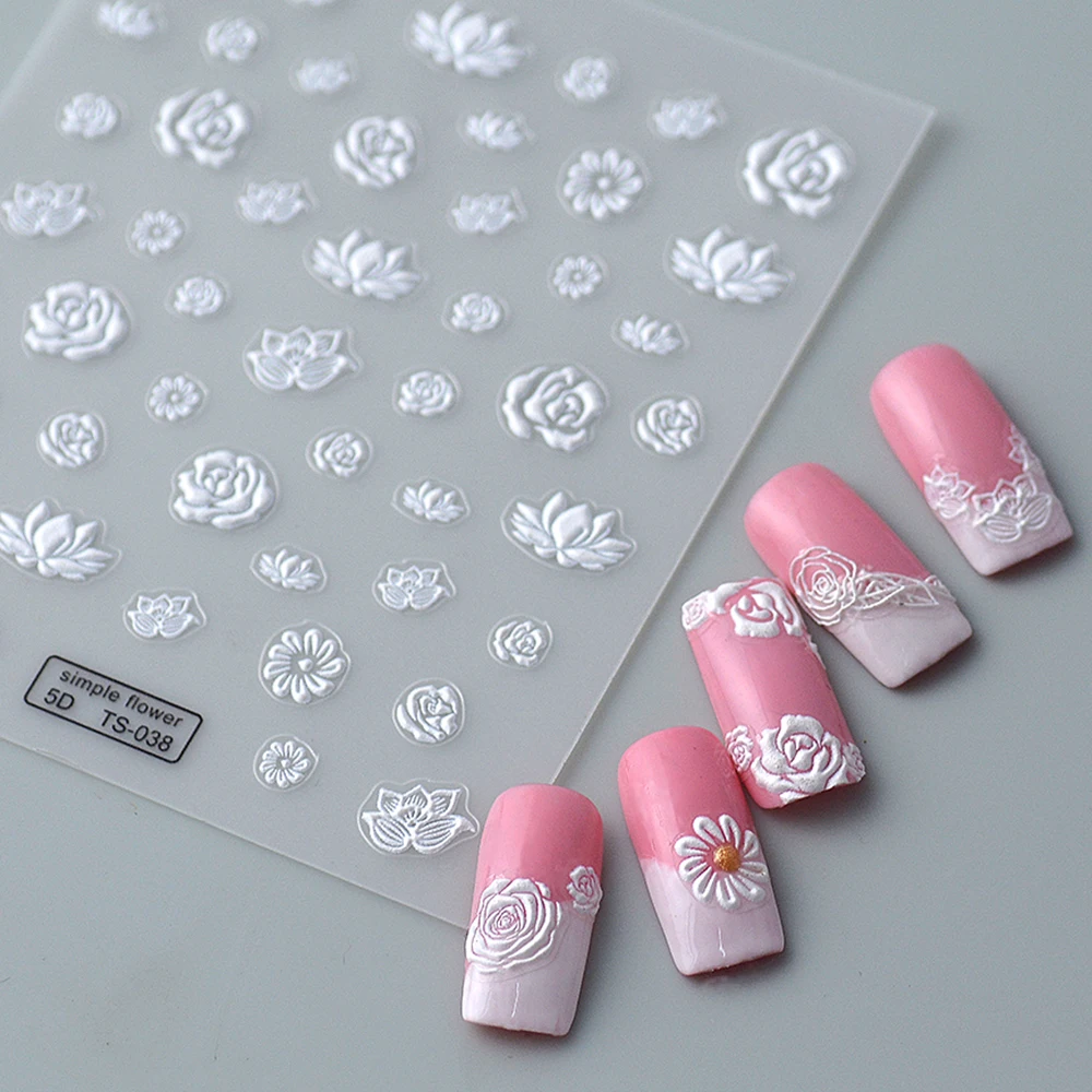 

White Decoration Flowers 5D Embossed Nail Sliders Self-Adhesive Manicure Tips