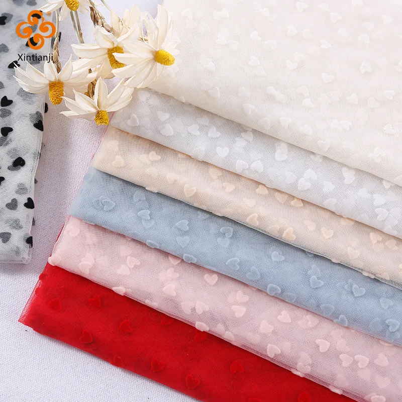 

1/2 Yard Pink Heart Flocked Mesh Fabric Soft Tulle Children's Skirt Making Material DIY Fabric By Half Yards Bridal Dress Decor