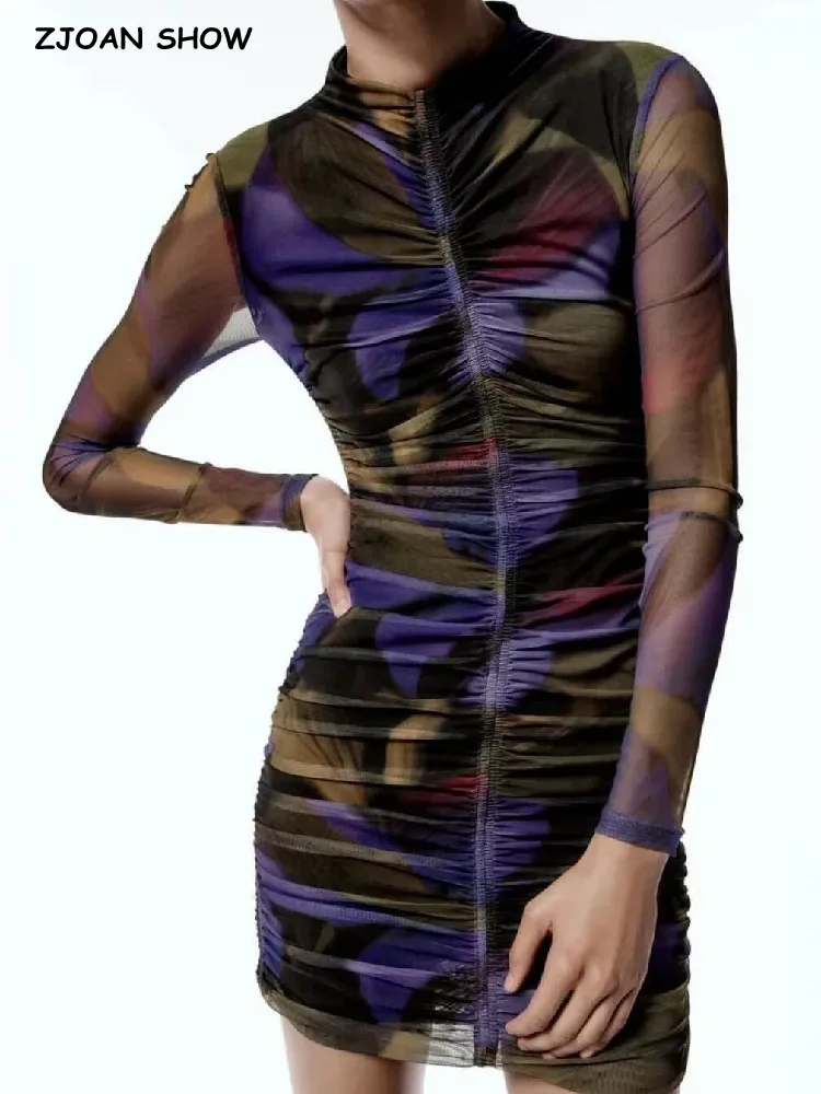 

Женское Сетчатое мини-платье с цветочным принтом, эластичное плиссированное платье с длинными рукавами и поясом на талии, с воротником-стой...