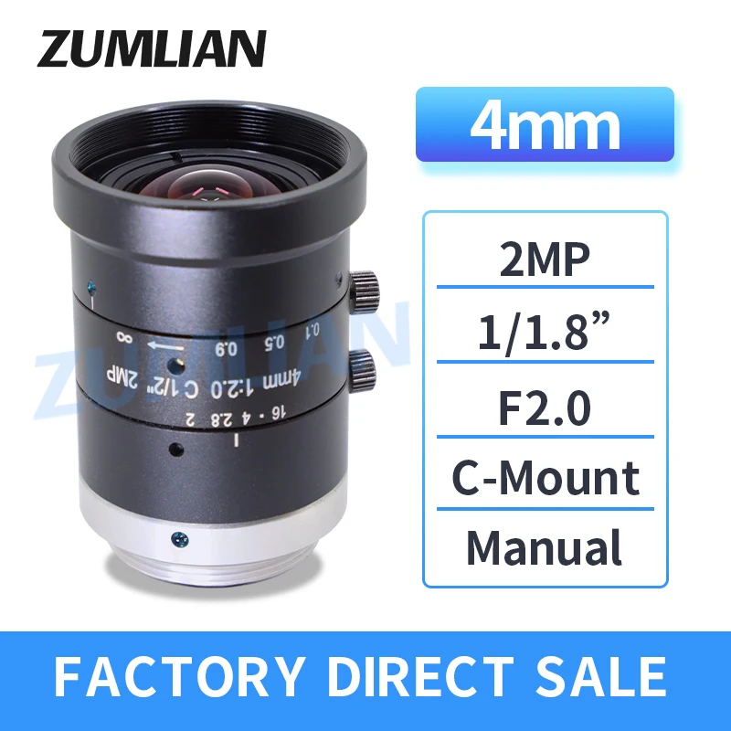 2MP Large Wide Angle lens 4mm F2.0 C-Mount Machine Vision Lens Low Distortion FA for Camera Filter Thread M30.5 CCTV