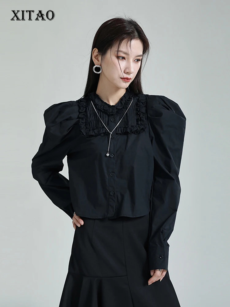

XITAO Solid Color Edible Tree Fungus Shirt Puff Sleeve Short Single Breasted 2023 Spring New Casual Fashion All Match ZY8410
