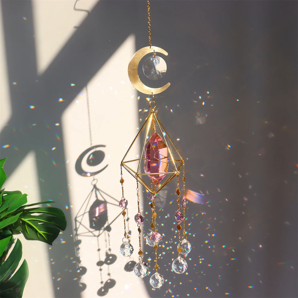 

Crystal Wind Chime Moon Sun Catcher Moon Hexagon Diamond Prisms Pendant Dream Catcher Rainbow Chaser Hanging Drop Home Decor