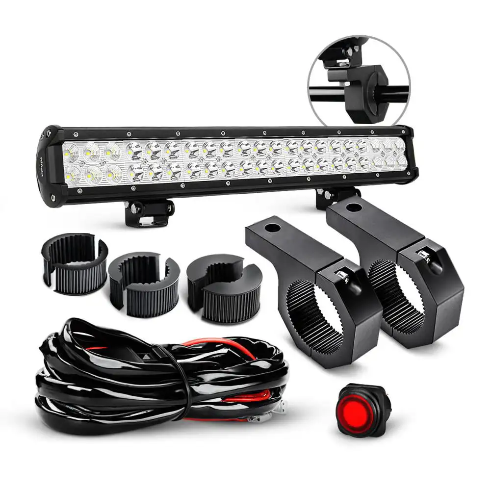 

20 Inch 126W Spot Flood Combo LED Light Bars Off-Road Light Mounting Bracket Horizontal Bar Tube Clamp with Wiring Harness Kit,