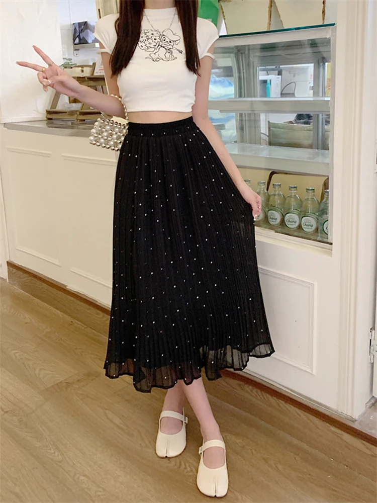 Летняя плиссированная юбка в горошек женские эластичные драпированные длинные