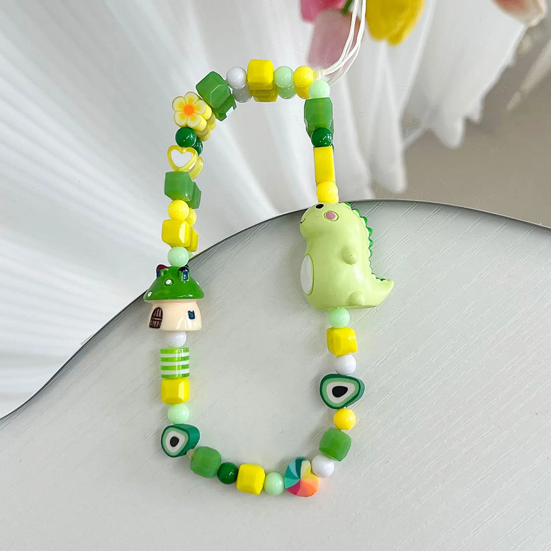 

Green Dinosaur Mobile Phone Chain For Women Cartoon Cute Doll Beaded Phone Charm Anti-lost Lanyard Phone Jewelry Gift For Girls