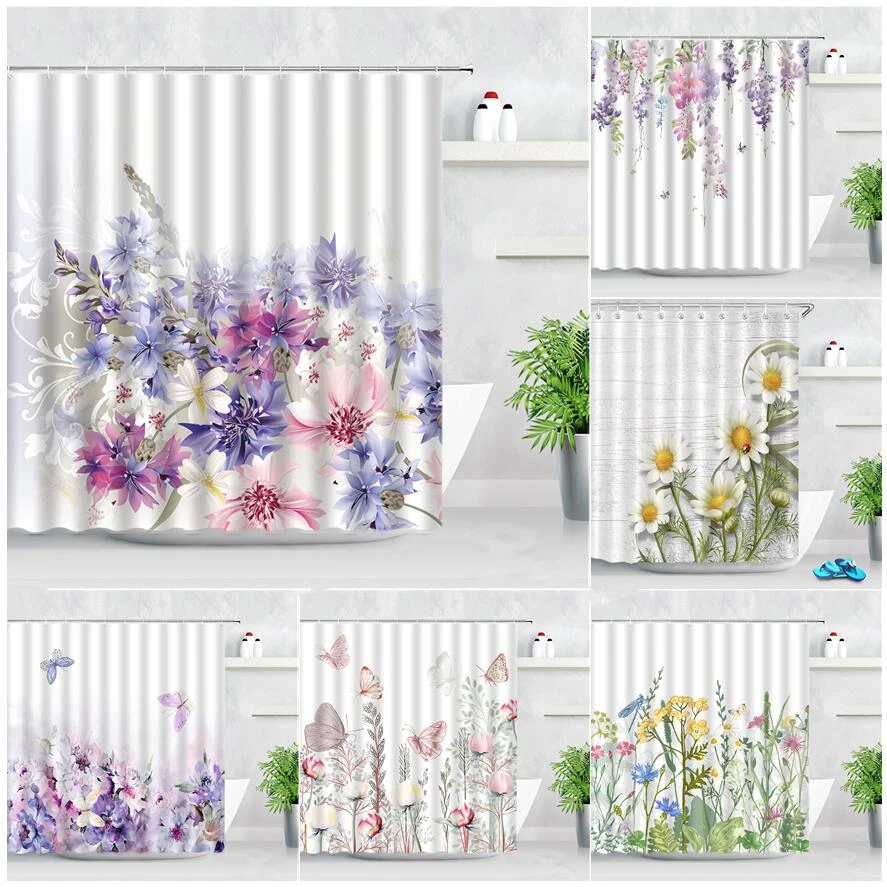 

Butterfly Flowers Shower Curtain Set Pink Purple Floral Lavender White Daisy Leaves Plant Printed Fabric Bathroom Decor Curtains