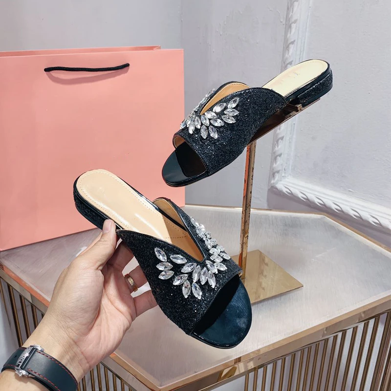 Sequined Rhinestone Slip-on Sandals for Women's Outer Wear Summer New Flat Open Toe Fairy All-match Mules