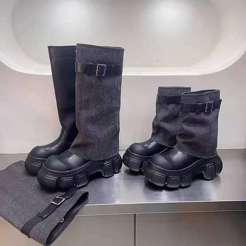 

Winter Women Biker Boots Fashion Belt Buckle Ladies Elegant Platform Flats Long Pipe Booties Casual Women's Knee High Booties