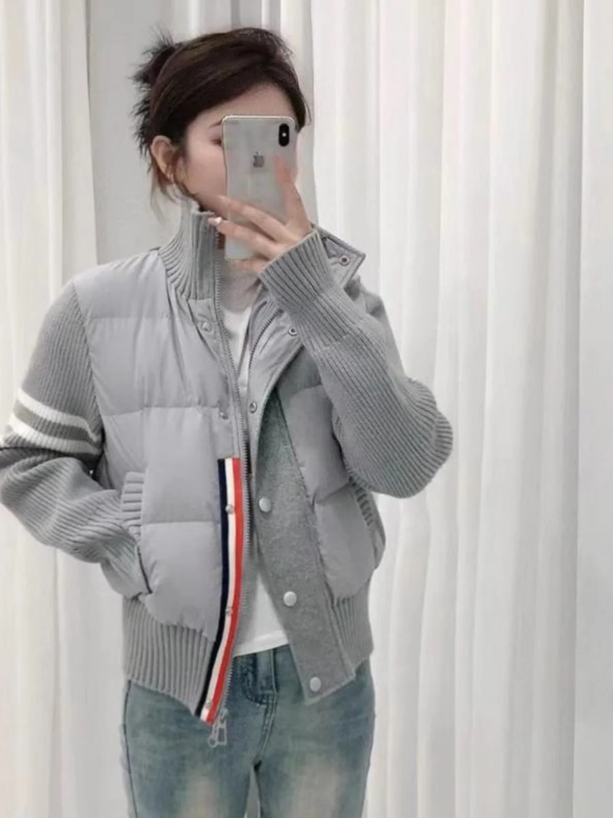 Patchwork Knitted Stand Collar Short down jacket Women 2024 Autumn and Winter New Small Warm Light Outerwear White Cotton-Pad...