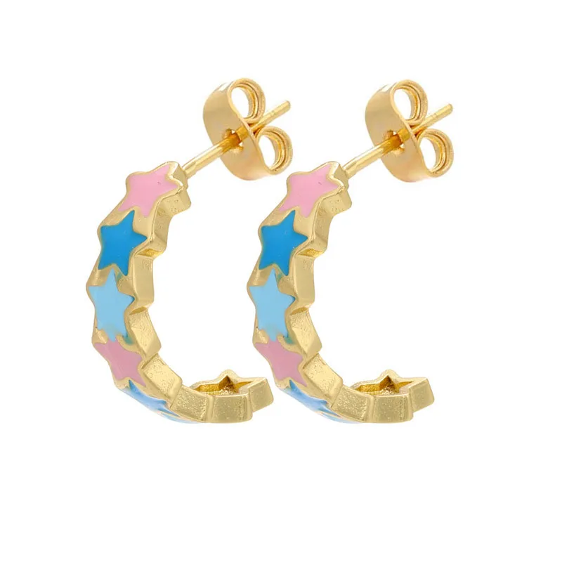 

QMHJE Pair Stud Earrings Hoop Enamel Greece Turkish Evil Eye Star Flower Snowflower Butterfly Gold Color Clip Jewelry Piercing