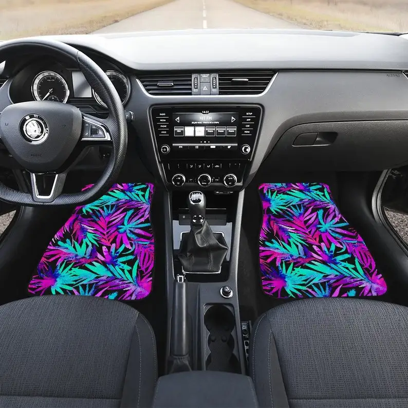 

Neon Pink Purple Green Leaves Floral Flowers Car Floor Mats Set, Front and Back Floor Mats for Car, Car Accessories