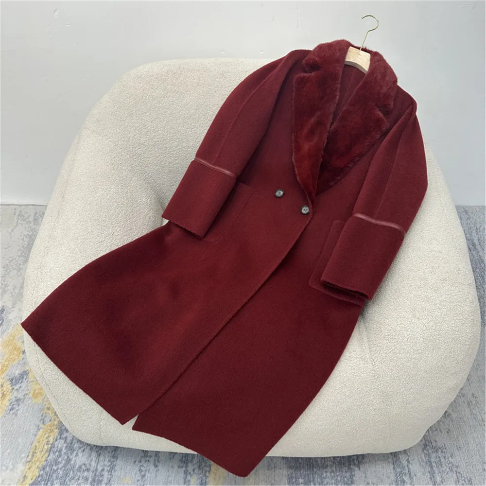 High End Double-Faced Cashmere Coat For Women 2024 Autumn and Winter Loose Mink Fur Collar Over-Knee Long Wool Outerwear