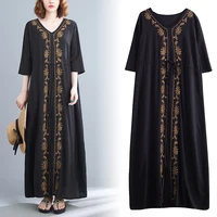 summer kaftan dubai womens plus size lengan panjang cotton embroidery literary retro bohemian dress v neck fairy black dress