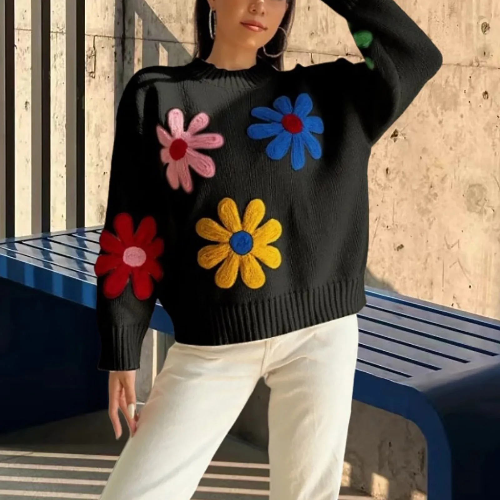 Женский жаккардовый вязаный свитер с лепестками цветов новый цветочным принтом